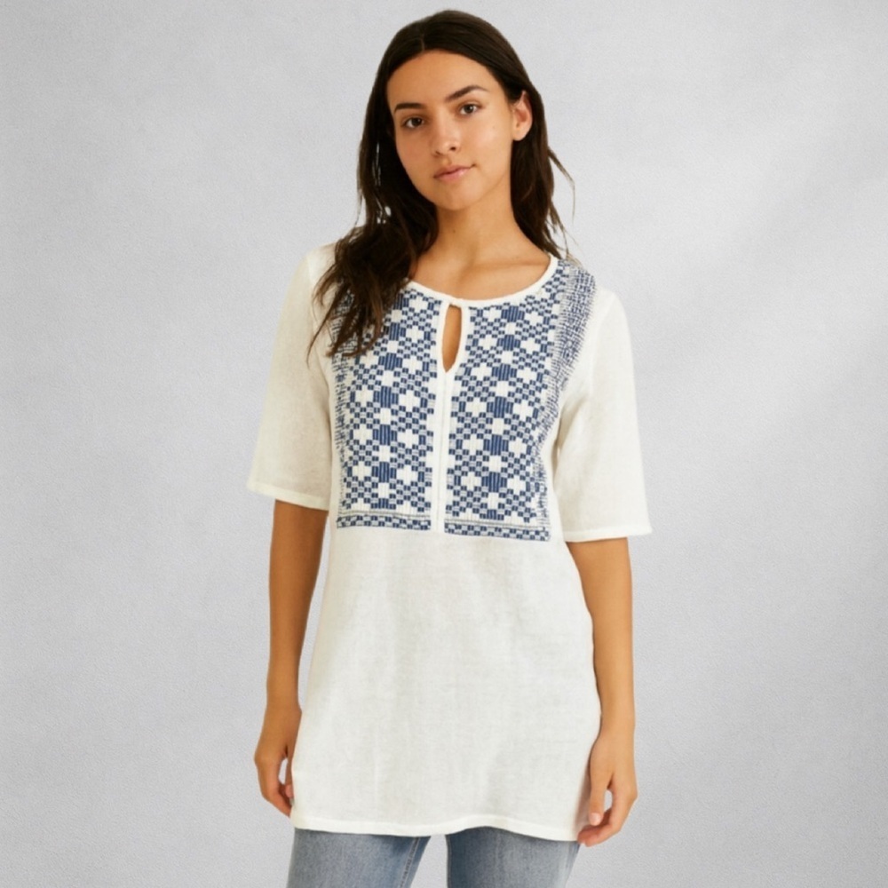 J. Jill Embroidered Linen Rayon Knit Tunic Top Size L Petite Boho Ivory wb - Picture 1 of 8